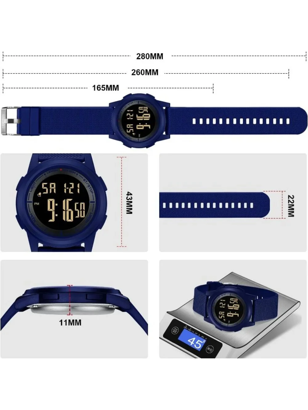 Men's Navy Blue Black Digital Ultra Thin Sports Waterproof Silicone Band Watch